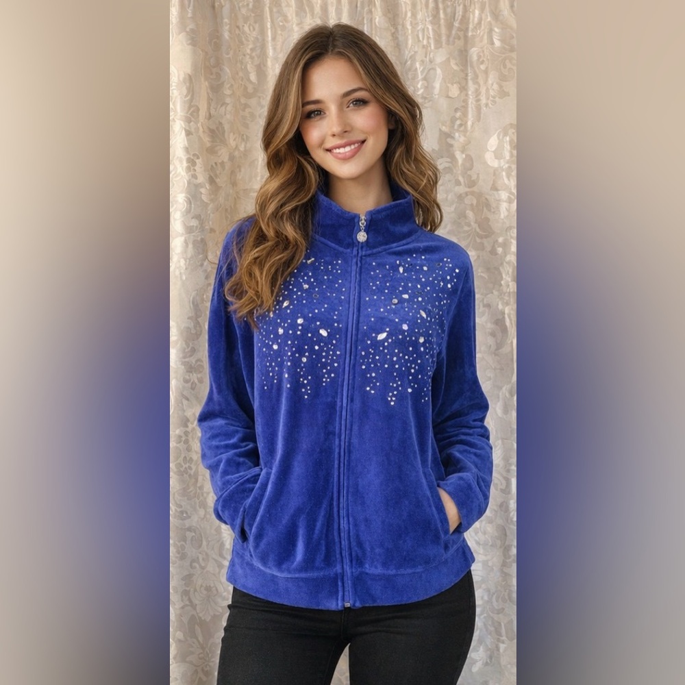 Laura Scott Royal Blue Teddy Jacket with Embellishments/C178